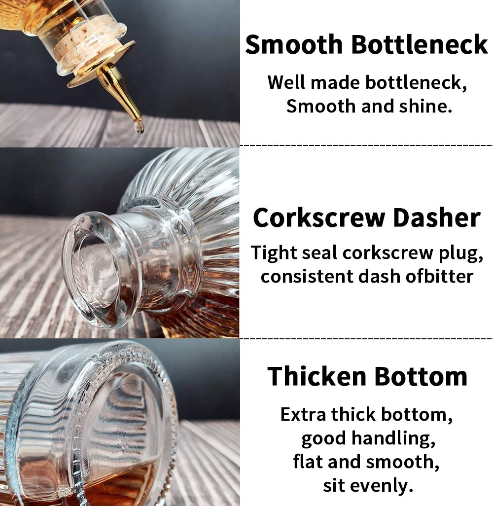 Bitter Bottle - Glass Bitter Bottle  with Gold Plated Dasher Top  Birdcage Design for Professional Mixologist  7oz / 200ml - DSBT0010